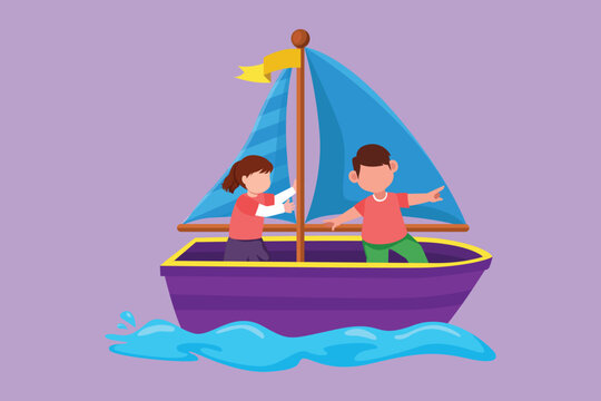 Cartoon flat style drawing cheerful little boy and girl in sailboat together. Happy kids sailing boat at small lake. Children on boat. Joyful adventures and travel. Graphic design vector illustration