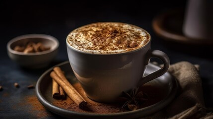 Frothy cappucino topped with cinnamon. AI generated