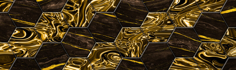 Hex tiles vintage dark marble gold lines flooring with diagonal epoxy like tiling