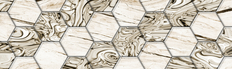 Hex tiles vintage white marble gold lines flooring with diagonal epoxy like tiling