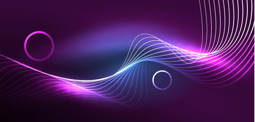 Neon lines and waves abstract background. Techno glowing neon shapes vector illustration for wallpaper, banner, background, landing page, wall art, invitation, prints, posters