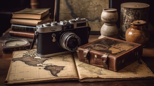 Vintage camera with travel books. AI generated