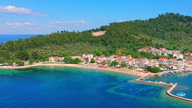Aerial view of beach in Limenas, Thassos island, Greece, Europe.