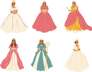 illustration of a woman in dress. Set of beautiful princesses in different dresses. Isolated vector illustration.
