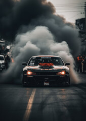 Drag racing car launching at starting line with smoking tires, generative ai