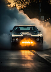 Fototapeta na wymiar American muscle car doing a burnout before drag racing competition, generative ai