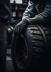 Fototapeta na wymiar Close-up of mechanic in the pit stop ready to change tires with tire in hand, generative ai
