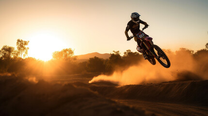 Motocross rider jumping in the air at sunset on a dirt track, generative ai
