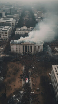 Aerial view of a massive demonstration taking over a government building during violent protests, generative ai