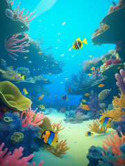 Naklejka na ściany i meble Discover the Wonders of the Deep: A Colorful Underwater World with Reef Fish and Whales. Generative AI