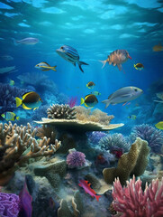 Fototapeta na wymiar Discover the Wonders of the Deep: A Colorful Underwater World with Reef Fish and Whales. Generative AI