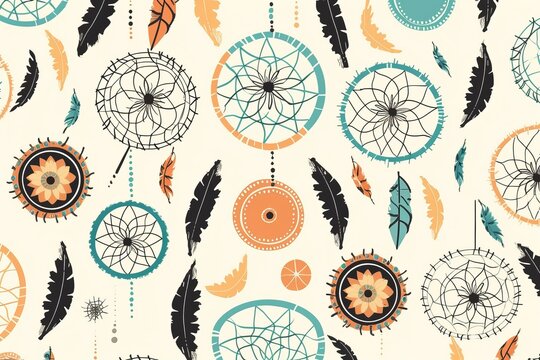 simple seamless vector pattern with boho dreamcatchers and feather with white background. flat style, seamless background with flowers, seamless pattern with feathers, Generative AI