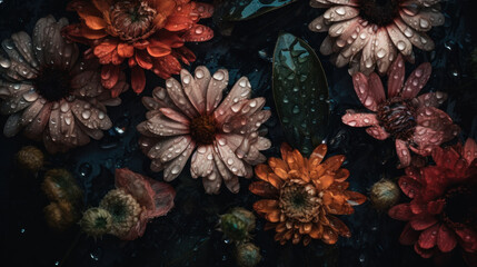 Fototapeta na wymiar Beautiful colorful flowers on black background with raindrops created with generative AI technology