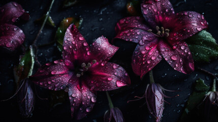 Lilium Asiatic on black background with raindrops created with generative AI technology