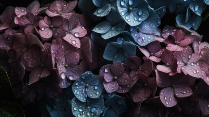 Hydrangea on black background with raindrops created with generative AI technology