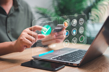 Secure Payment and online transactions privacy security cybersecurity concept, Businessman hold credit card use laptop enter code online banking application paying online shopping on a virtual screen