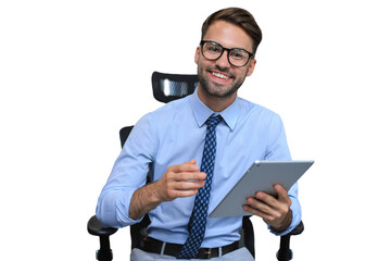 Young businessman using his tablet on a transparent background