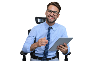 Young businessman using his tablet on a transparent background