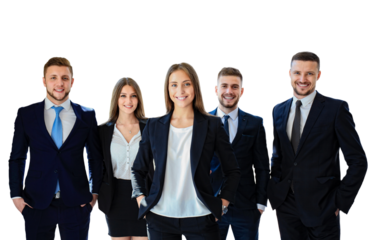 Face of beautiful woman on the background of business people on a transparent background