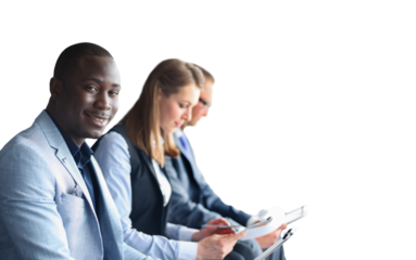 Portrait of smiling African American business man with executives working on a transparent background