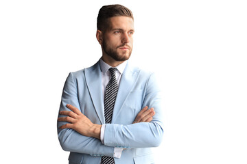 Portrait of happy businessman with arms crossed standing on a transparent background