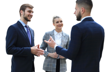 Three young businessmen standing discussing business on a transparent background