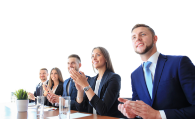Photo of happy business people applauding at conference, focus on smiling girl on a transparent background