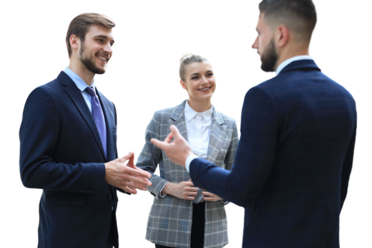 Three young businessmen standing discussing business on a transparent background