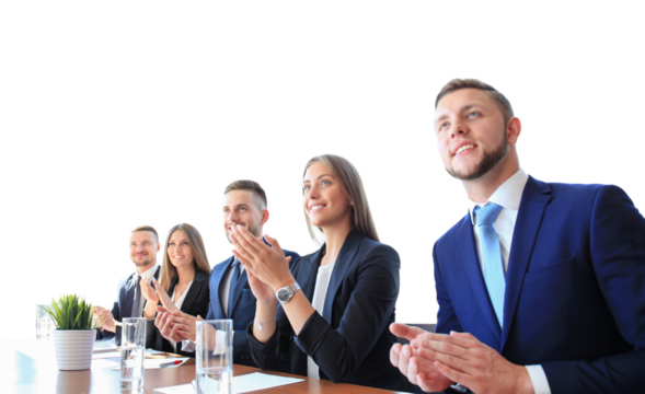 Photo of happy business people applauding at conference, focus on smiling girl on a transparent background - Powered by Adobe