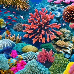 An interpretation of a coral reef, with textured and patterned shapes resembling the vibrant colors and textures of coral2, Generative AI