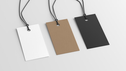 White, cardboard, black rectangular tags mockup on white background. Side view