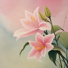 Pink lily flower background, watercolor illustration in pastel colours 