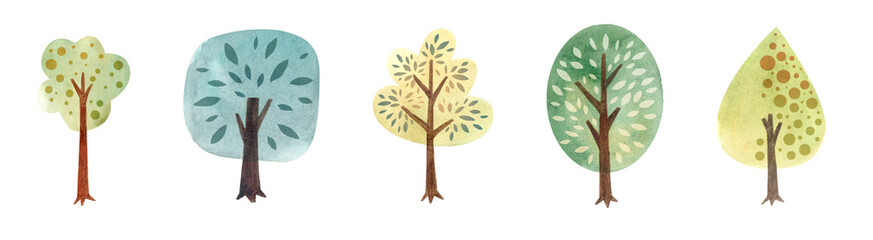 Set of trees in childish style. Watercolor illustration. 