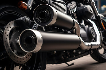 Obraz na płótnie Canvas Modern Motorcycle Nickel Plated Exhaust Pipe. Horizontal Image generated by AI.