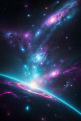 Planet View with Galaxies. Artistic imaginary illustration of a fantasy outer space world, with vibrant neon colors galxies and stars. Generative-AI.