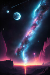 Fanstasy World Landscape. Science fiction illustration of another planet with landscape and a rocket launch with vibrant neon colors galaxy view on the sky. Generative-AI.