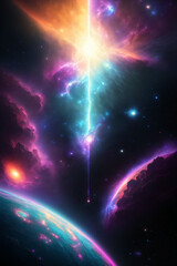 Artistic imaginary illustration of a fantasy outer space world, with vibrant neon colors supernova, nebula clouds and stars. Generative-AI. 