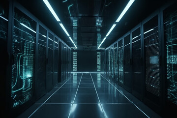 A dark server room with subtle lighting elements, AI generated design.