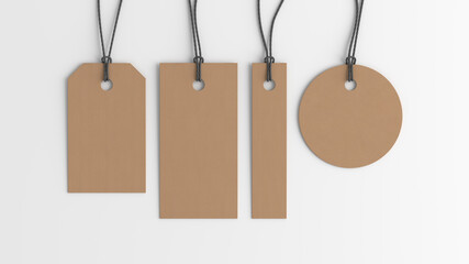 Cardboard tags of various shapes mockup on white background. View directly above