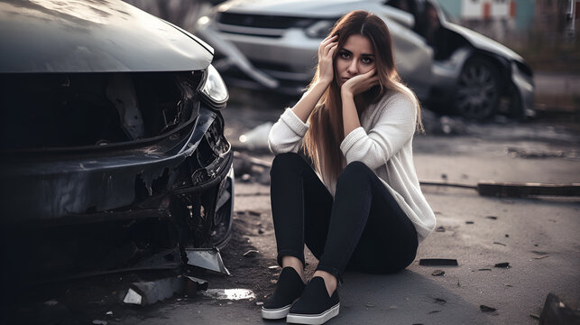 Frightened woman sits in front of wrecked accident car generated by AI.
