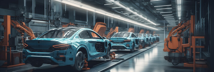 Automated futuristic electric cars factory production line Assembly Line Manufacturing High-Tech Green Energy Electric Vehicles. Automatic Construction generated by AI.