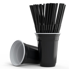 Set of plastic disposable party cups for coffee with heap straw on white