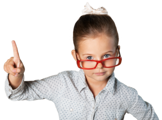 Genius cute girl in red glasses posing