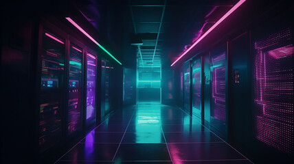 Fototapeta premium A dark server room with pink and light blue lighting elements, AI generated design