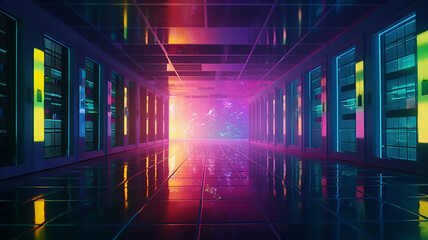 Fototapeta na wymiar Furious server room with colorful neon effects and lightning, AI generated design