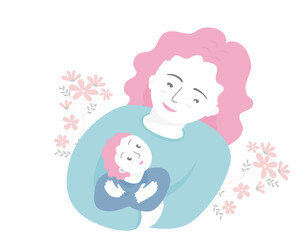 Isolated of mother and child talking and embracing with flowers background, parent and child concept. Flat vector illustration.	
