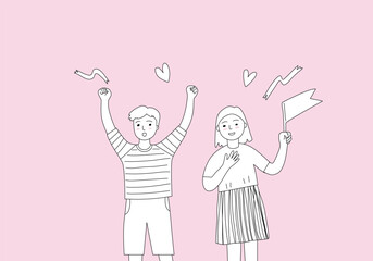 Set of cheerful people in cartoon style,  man and woman cheering with flag and heart. 