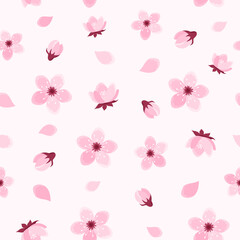 Pink cherry tree flowers seamless pattern on soft pink background. Sakura blossom pattern. Vector illustration in flat style © Alrika 