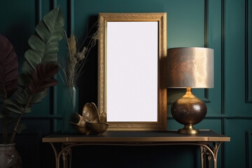 Teal and Gold Boho Interior Design Frame Mockup Bohemian turquoise photo frame scene with candles and accessories