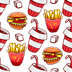 Vector pattern of  hamburgers, fries and drinks cartoon style.